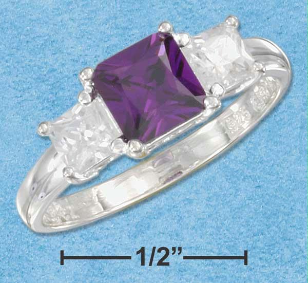 Sterling Silver 6mm Purple Cz with 4mm Clear Cz Three Stone Ring