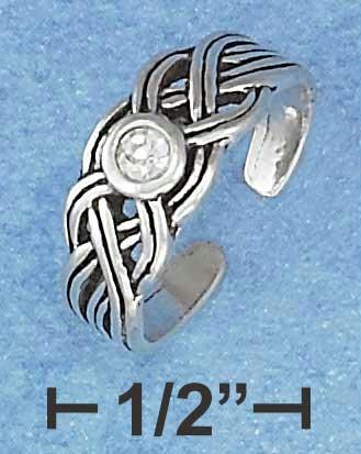 Sterling Silver Antiqued Braid Toe Ring with 3mm Clear Crystal