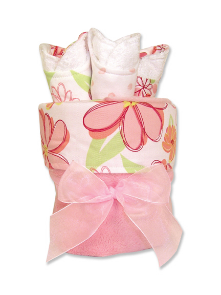 TrendLab 109172 4 Piece Blanket Gift CakeHula Baby Large Floral Twill With Pink Velour Back Blanket