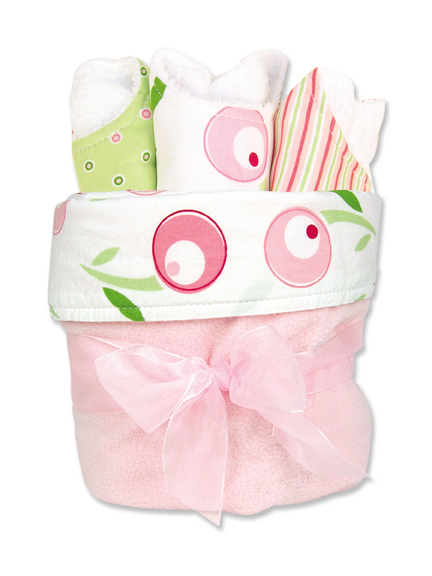 TrendLab 109166 4 Piece Blanket Gift Cake Tulip Percale With Pink Velour Back Blanket