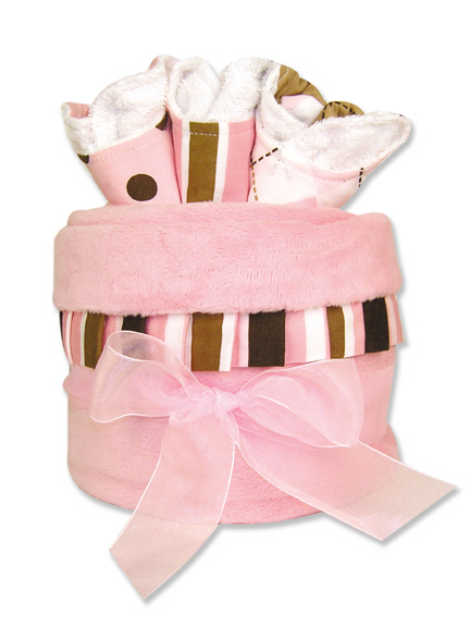TrendLab 109181 4 Piece Blanket Gift Cake Pink Velour With Maya Stripe Twill Ruffle Blanket