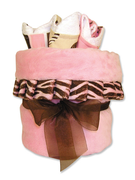 TrendLab 109168 4 Piece Blanket Gift Cake Pink Velour With Zebra Pink Velour Ruffle Blanket