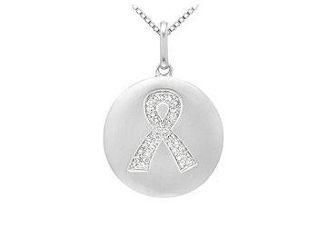 Fine Jewelry Vault 5521552 Diamond Breast Cancer Awareness Ribbon Disc Pendant 14K White Gold 0.15 CT Diamonds