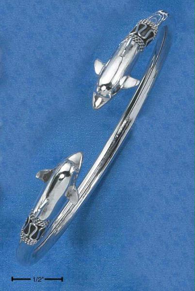 Sterling Silver Bali Style Double Headed Dolphin Cuff Bracelet