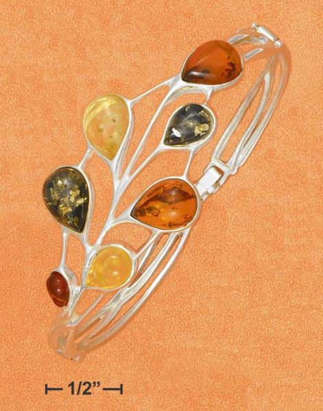 Sterling Silver Multicolor Amber Teardrops Hinged Bracelet with Latch Amber Silver Bracelet