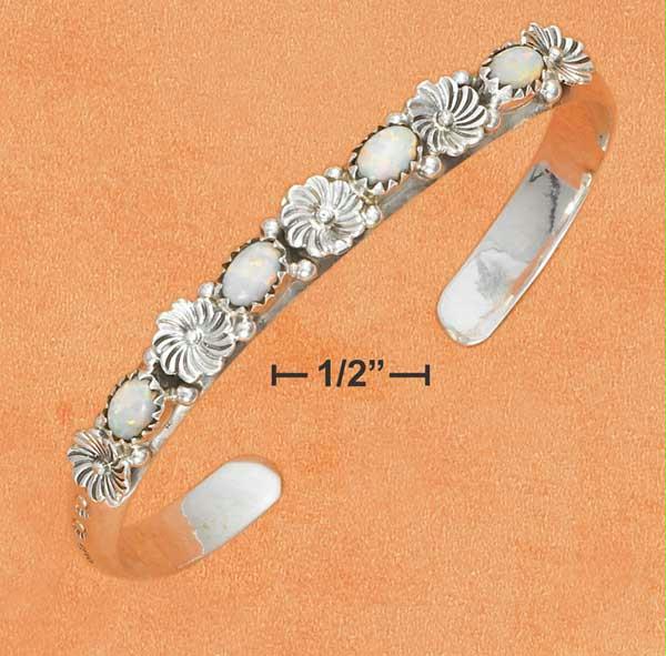 Sterling Silver Floral Cuff Bracelet with 4 Lab White Opal Southwest Stamped Design