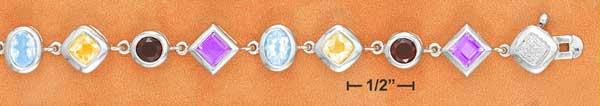 Sterling Silver 7.5 Inch Multi Shaped Bezel Set GemStone Bracelet