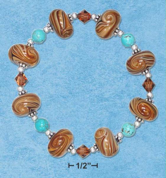Sterling Silver Brown Swirl Glass Beads with Turquoise and Crystal Stretch Brace
