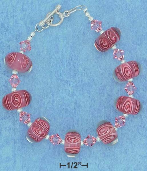 Sterling Silver 7 Inch Rose Lampwork Lentil Glass Beads with Lt Rose Ac Toggle B