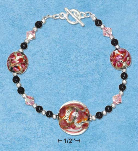 Sterling Silver 8 Inch Rose Foil Glass Beads Toggle Bracelet with Onyx and Crystals
