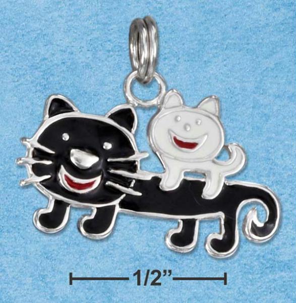 Sterling Silver Enamel White Kitten and Black Cat Charm