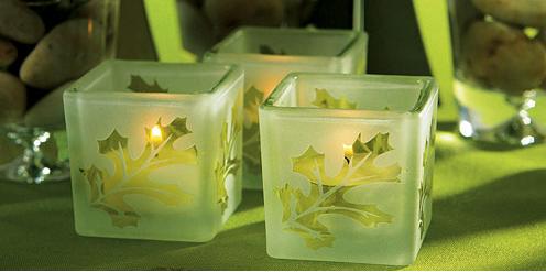 Weddingstar 9047 Deep Sandblasted Glass Leaf Cube Tea Light Holders Frost and Gr