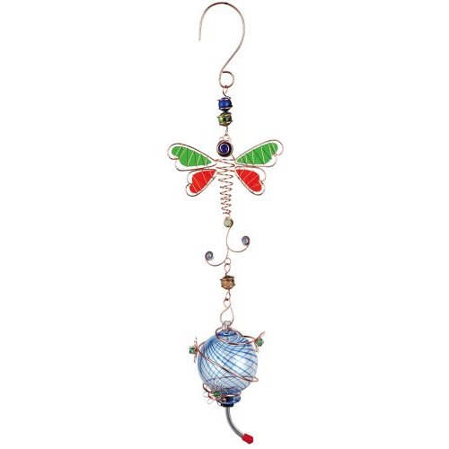 Red Carpet Studios 41142 Hummingbird Feeder With Dragonfly Blue Striped Glass