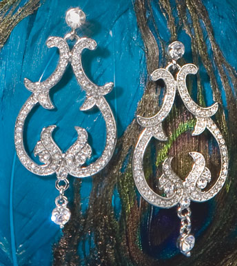 56-2232 Jewelry- Chandelier- Scroll With Rhinestones- Earrings- Silver