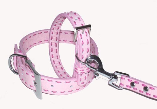 03011302-10 Leather Dog Collar- Lt Pink-hot Pink Saddle Stitch