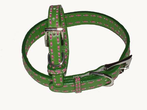03011303-10 Leather Dog Collar- Green-hot Pink Saddle Stitch
