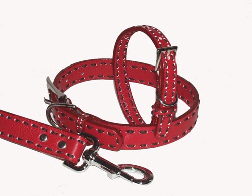 Leather Dog Collar- Red-chocolate Saddle Stitch