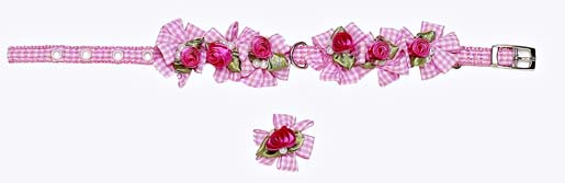 14000122-16 Ribbon Dog Collar + Leash Set-pink Gingham Petal Flower Rosette With Pearls