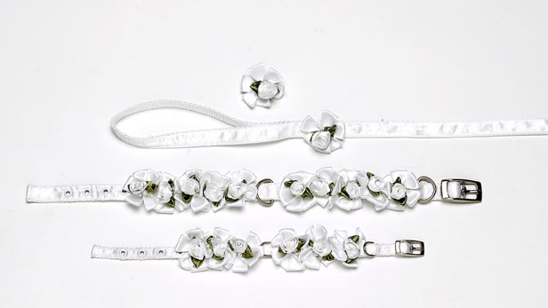 14000201-14 Ribbon Dog Collar + Leash Set- Wedding Petal Flower Rosettes With Pearls