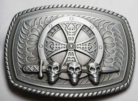 JB Outman Triple Skulls with Sword Red Belt Buckle