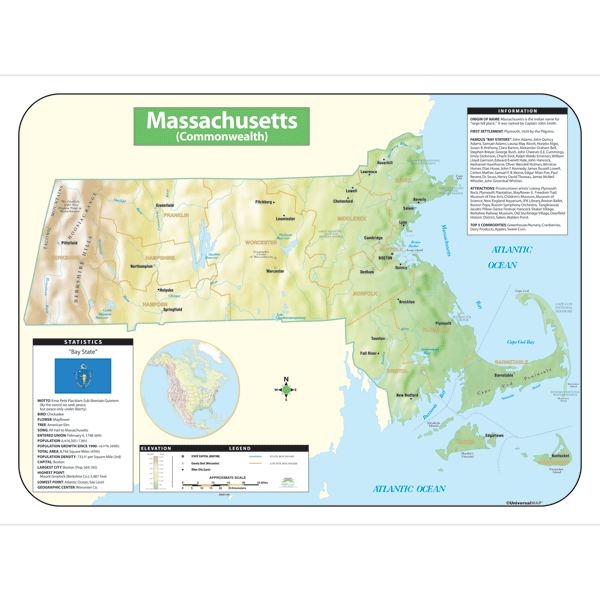 Universal Map 076253641x Massachusetts Shaded Relief Map