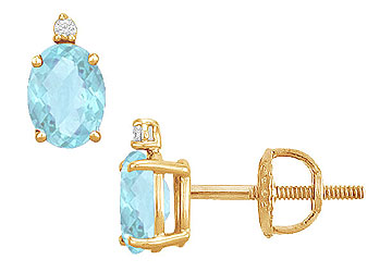 Diamond and Aquamarine Stud Earrings 14K Yellow Gold 2.04 CT TGW