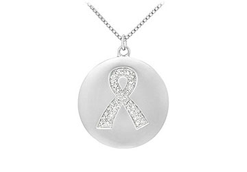 Fine Jewelry Vault PD2792W14D101 Diamond Breast Cancer Awareness Ribbon Disc Pendant  14K White Gold  0.15 CT Diamonds