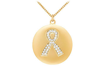 Fine Jewelry Vault PD2792Y14D101 Diamond Breast Cancer Awareness Ribbon Disc Pendant  14K Yellow Gold  0.15 CT Diamonds
