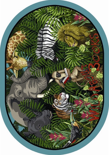 1494DD Wild About Books 7 ft.8 in. x 10 ft.9 in. Oval WearOn Nylon Machine Tufted- Cut Pile Educational Rug