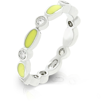 R07881R-V61-09 Genuine Rhodium Plated Link Style Stacker Ring with Yellow Enamel Finish and Bezel Set Round Clear CZ in Silvertone - Size 9