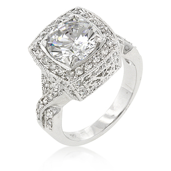 R07919R-C01-08 Genuine Rhodium Plated Classic Style Ring with Filigree accent and Prong Set Clear CZ in Silvertone - Size 8