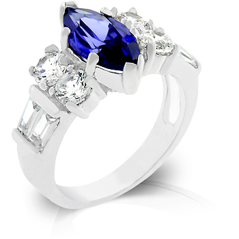J Goodin R07928RC2108 White Gold Rhodium Bonded Marquis Tanzanite Cubic Zirconia Crowned Ring Between a Pair of Round Prong set CZ and Emerald cut CZ in Silvert