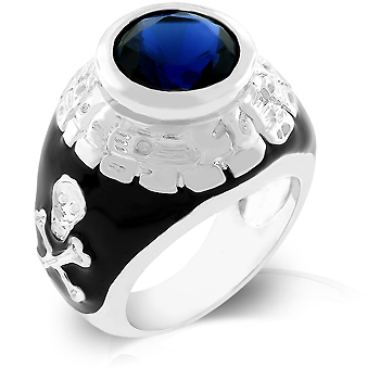 J Goodin R07935RS3006 White Gold Rhodium Bonded Enamel Class Ring with a White Enamel Skull and Cross Bone Insignia on Each Side of the Black Enamel Shank With