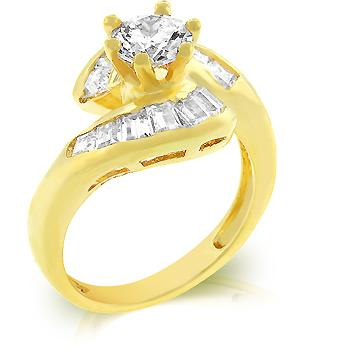 J Goodin R07943GC0105 14K Gold Bonded Wedding Band with a Round Prong set CZ Flanked by Channel Set Emerald Cut CZ in Goldtone