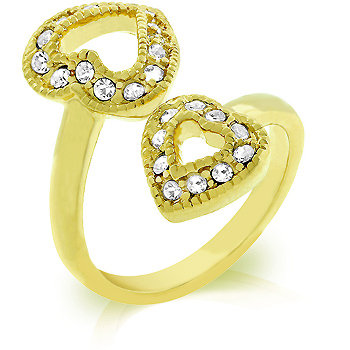 R07975G-C02-05 18k Gold Plated Dual Pave CZ Hearts Ring in Goldtone - Size 5