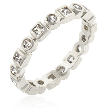 R08011R-C01-05 Genuine Rhodium Plated Bezel Set Round and Princess Cut Clear CZ Eternity Ring - Size 5