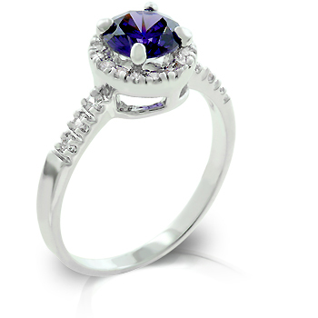 Genuine Rhodium Plated with Pave Round Cut Clear CZ Flanking a Large Tanzanite Round Cut Centerpiece- Fashion Ring in Silvertone. - Size 10