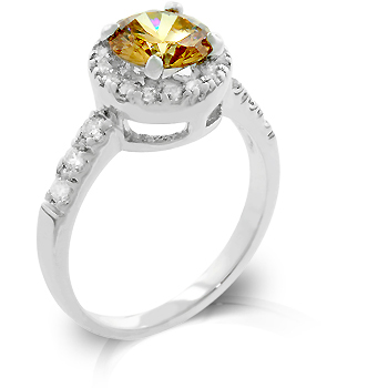 R08024R-C72-08 White Gold Rhodium with Pave Round Cut Clear CZ Flanking a Large Champagne Round Cut Centerpiece- Fashion Ring in Silvertone - Size 8