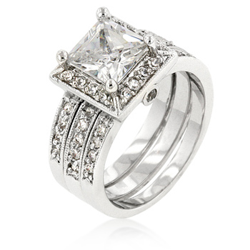 J Goodin R08072RC0106 White Gold Rhodium Bonded Bridal Set Rings with a Prong Set 1.75ct Princess Cut Clear CZ Framed with a Bezel Set Round Cut Clear CZ on Eac