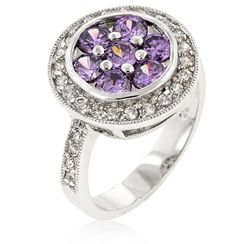 R08080R-C20-10 Genuine Rhodium Plated Fashion Ring with Amethyst CZ Center and Clear CZ Outer Layer in Silvertone - Size 10