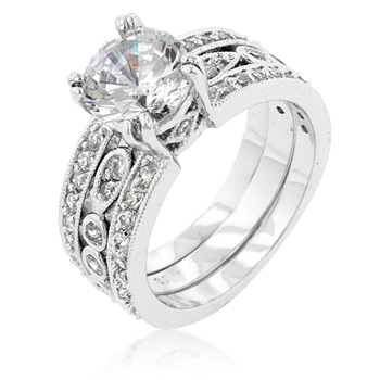 R08085R-C01-05 Genuine Rhodium Plated Triple Row Anniversary Ring with Round Cut Clear CZ in Silvertone - Size 5