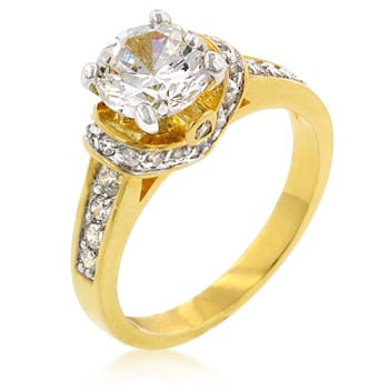 R08089T-C01-05 Genuine Rhodium Plated Engagement Ring with Round Cut Clear CZ in Goldtone - Size 5