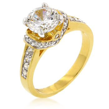 R08089T-C01-10 Genuine Rhodium Plated Engagement Ring with Round Cut Clear CZ in Goldtone - Size 10