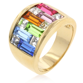 R05339G-V01-09 18k Gold Plated Light Multi-Color Alternated Princess and Bagat Shaped Crystal in Goldtone