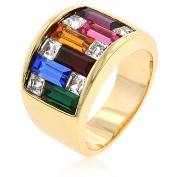 R05339G-V02-09 Dark Multi-Color Alternated Princess and Bagat Shaped Crystal Gold Plated Ring - Size 9