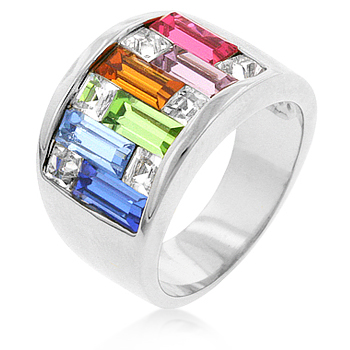 R05339R-V01-06 Genuine Rhodium Plated Light Multi-Color Alternated Princess and Bagat Shaped Crystal in Silvertone