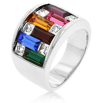 R05339R-V02-05 Dark Multi-Color Alternated Princess and Bagat Shaped Crystal Rhodium Plated Ring - Size 5