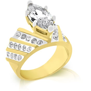 R05843T-C01-06 Marquis Cut Centerpiece in Prong Setting with Channel Set Round CZ in tutone 18k Gold and Rhodium - Size 6