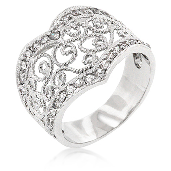 R07546R-C01-05 Genuine Rhodium Plated Filigree Heart Ring with Prong Set Clear CZ in Silvertone - Size 5