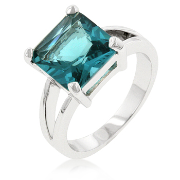 R07595R-S32-05 Princess Cut Aquamarine Crystal Solitaire Ring in Rhodium White Gold. Silver Tone. - Size 5